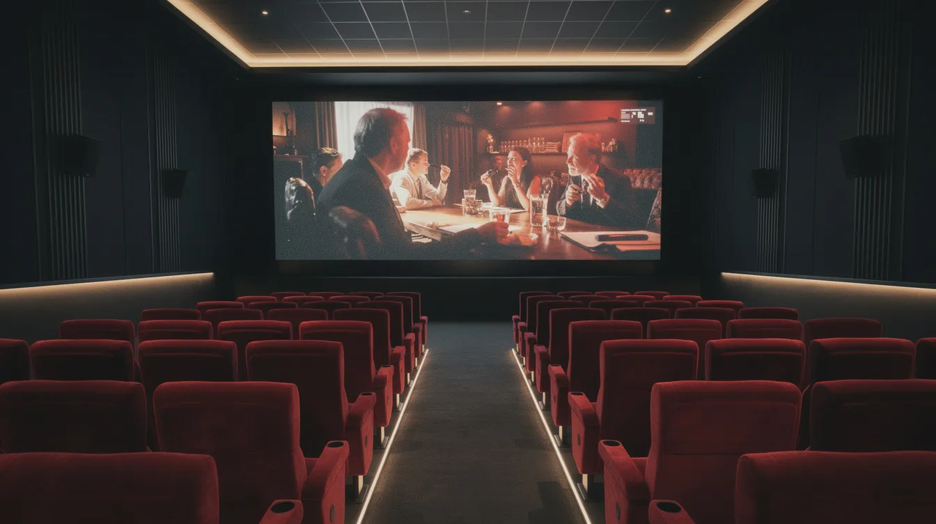 Der moderne Kinosaal ist mit roten Samtsesseln ausgestattet und zeigt auf einer großen Leinwand ein filmisches Bild. Diese Atmosphäre lädt dazu ein, in die Welt der deutschen Filme einzutauchen und die Vielfalt der Filmgeschichte zu genießen.