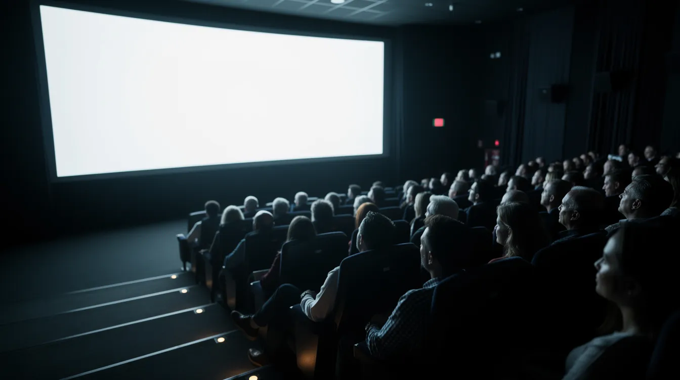 Das Bild zeigt ein Kinopublikum in einem dunklen Saal, das gebannt auf eine hell leuchtende Leinwand schaut. Die Zuschauer haben konzentrierte Gesichter, während sie in die spannende Handlung des Films eintauchen, was die dramatische Wirkung der Darstellung verstärkt.