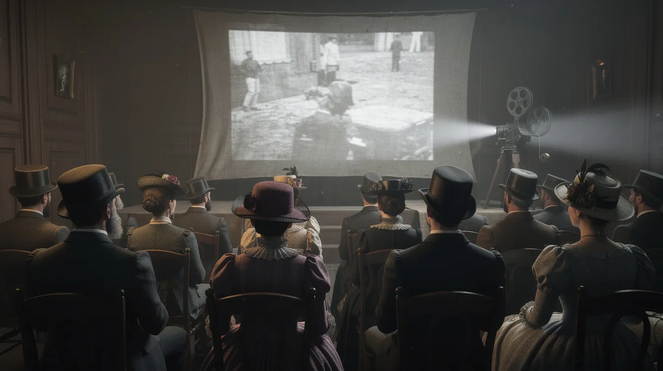Die historische Nachstellung einer frühen Filmvorführung zeigt einen dunklen Saal mit einem projizierten Schwarz-Weiß-Bild auf einer Leinwand, während das Publikum in Kleidung des 19. Jahrhunderts gebannt zuschaut. Die Atmosphäre erinnert an die Anfänge der Filmgeschichte und die Magie der ersten Filmvorführungen, die das Kino revolutionierten.