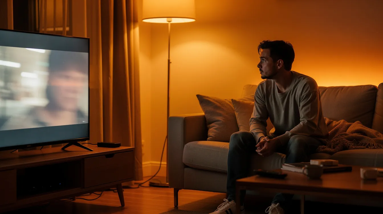 Eine Person sitzt abends entspannt auf einem Sofa und schaut konzentriert auf einen großen Bildschirm, auf dem ein spannender Film läuft, während die warme Beleuchtung eine gemütliche Atmosphäre schafft. Die Szene vermittelt die Wirkung eines dramatischen Geschehens, das die Zuschauer in die Handlung eintauchen lässt.