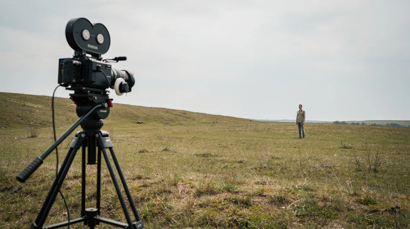 Eine Filmkamera auf einem Stativ filmt eine Person in einer offenen Landschaft, wobei eine deutliche Distanz zwischen der Kamera und dem Darsteller sichtbar ist. Die Einstellung zeigt die Umgebung in einem weiten Bildausschnitt, was dem Zuschauer einen Überblick über die Szene und das Größenverhältnis der Figuren zur Landschaft bietet.