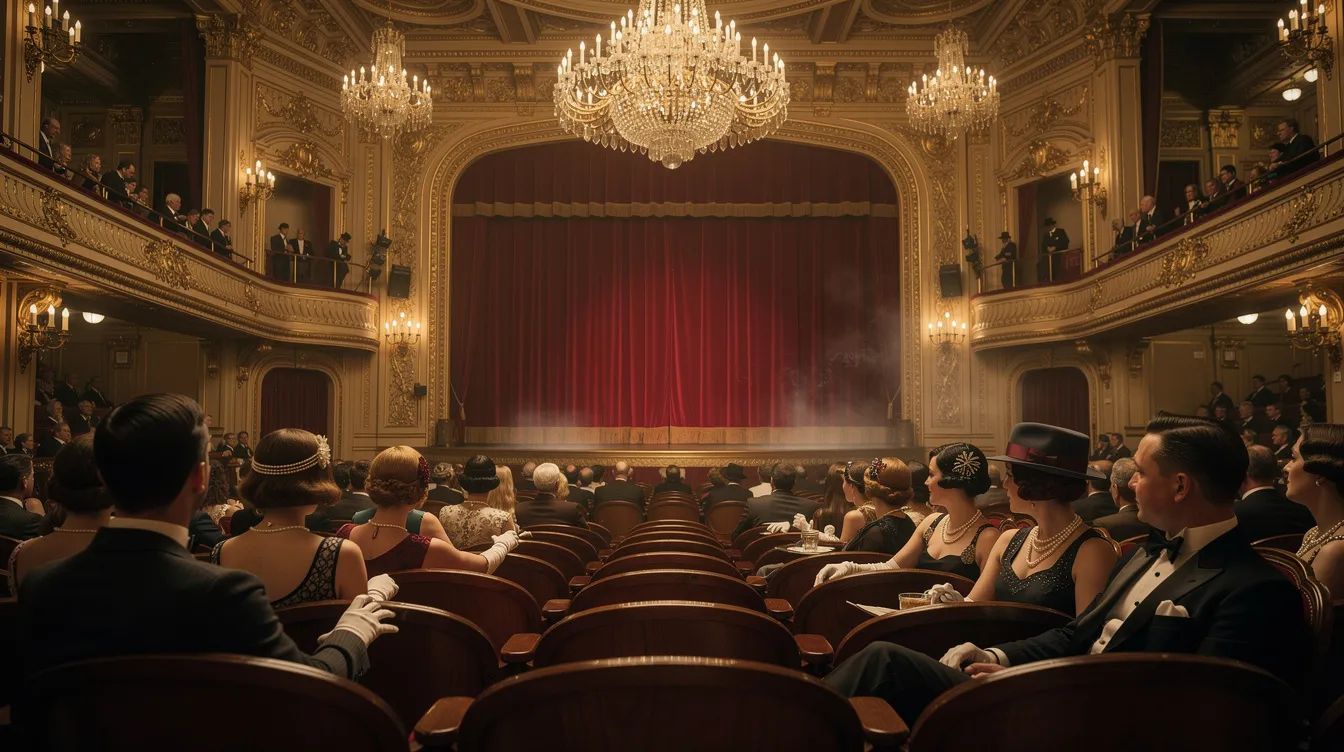 In einem historischen Kinosaal mit einem opulenten roten Samtvorhang und einem eleganten Kronleuchter sitzen Zuschauer in stilvoller Kleidung der 1920er Jahre auf Holzsitzen, während sie gebannt der Filmvorführung auf der Leinwand folgen. Die Atmosphäre ist von Staunen und Begeisterung geprägt, was die Entwicklung der Filmgeschichte und die Magie des Kinos widerspiegelt.