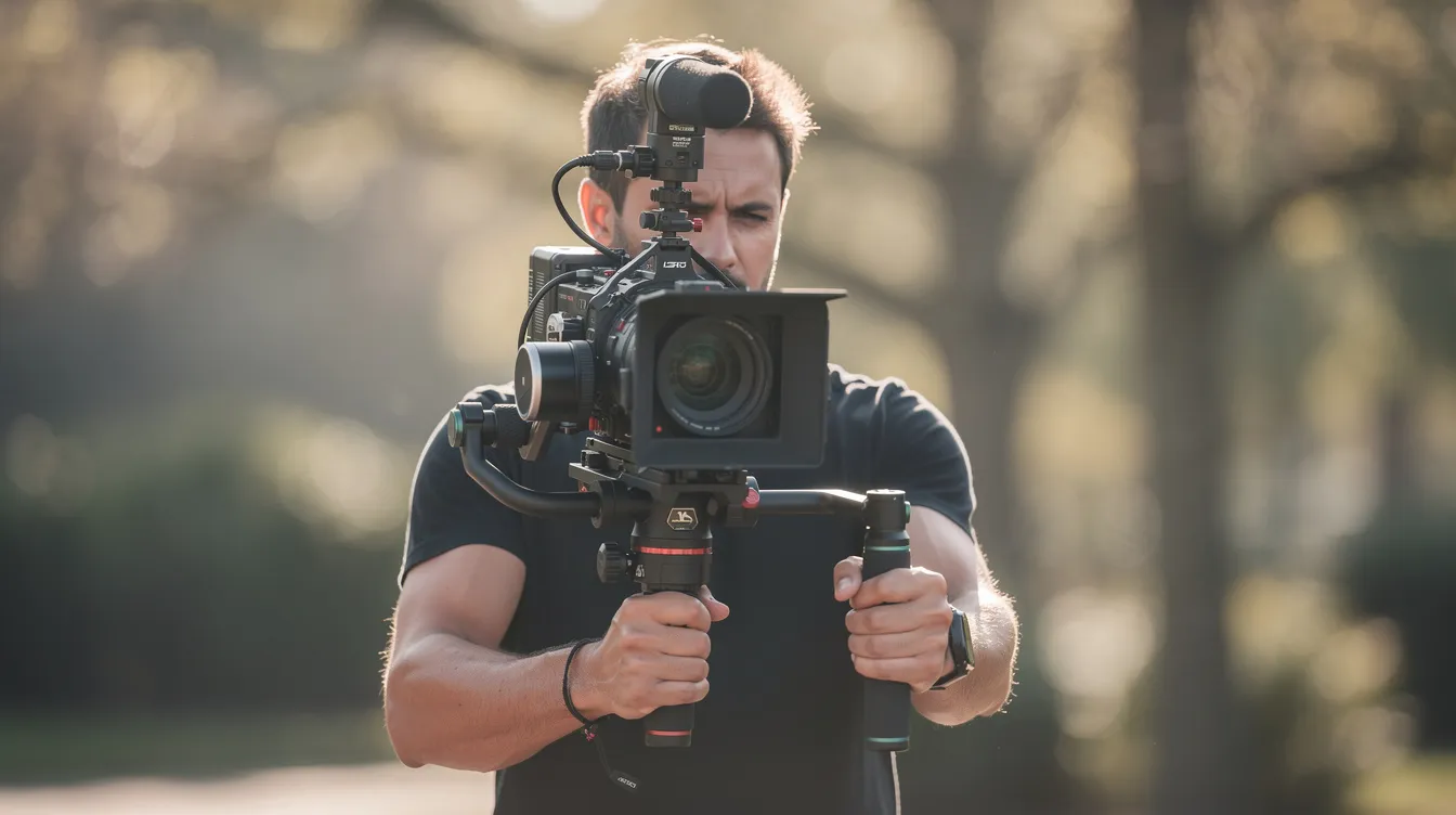 Ein Filmemacher bedient eine Kamera, die auf einem Gimbal-Stabilisator montiert ist, während er sich in einer natürlichen Umgebung mit sanftem Licht und einer geringen Tiefenschärfe befindet. Die Aufnahme zeigt die präzise Handhabung der Kamerasensoren, die für qualitativ hochwertige Bilder in dieser Lichtverhältnissen sorgen.
