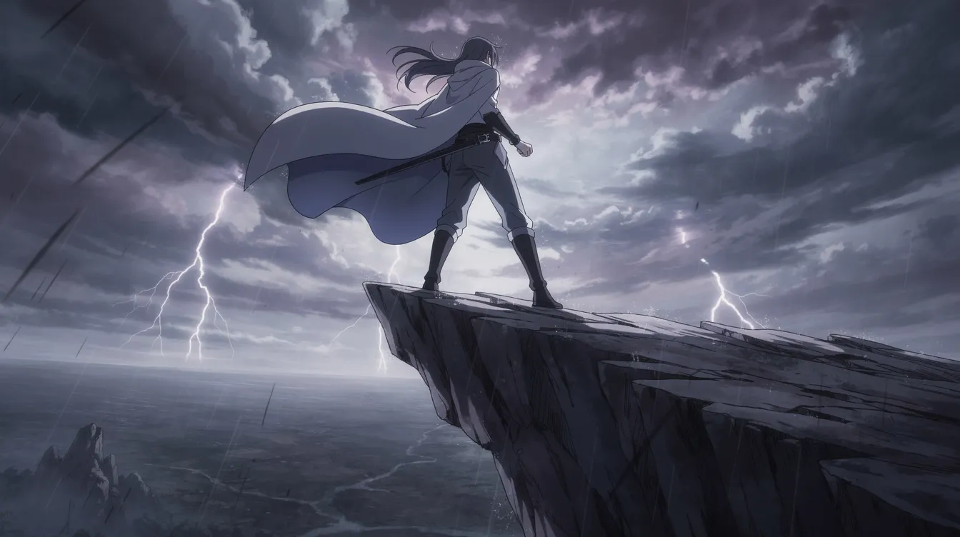 In dieser dramatischen Anime-Szene steht eine Figur mit einem wehendem Umhang auf einem Felsvorsprung, während ein stürmischer Himmel im Hintergrund tobt. Die Froschperspektive verstärkt das Gefühl von Macht und Abenteuer in dieser eindrucksvollen Darstellung.