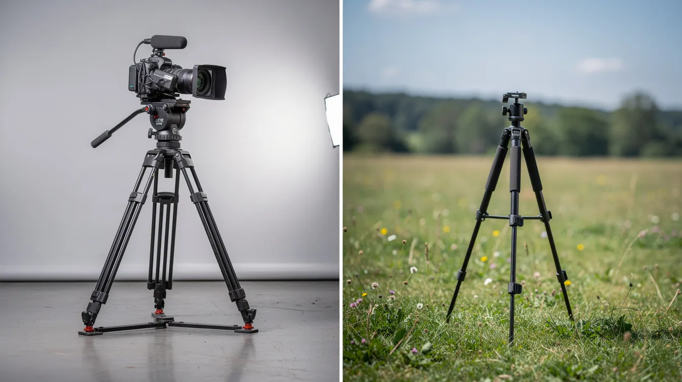 Das Bild zeigt zwei verschiedene Stativ-Setups nebeneinander: Links befindet sich ein schweres Videostativ mit Fluidkopf in einem Innenraum, während rechts ein leichtes Reisestativ auf einer Wiese im Freien steht. Beide Stative sind ideal für unterschiedliche Aufnahmesituationen und unterstützen Fotografen bei der Erfassung von Videos und Bildern.