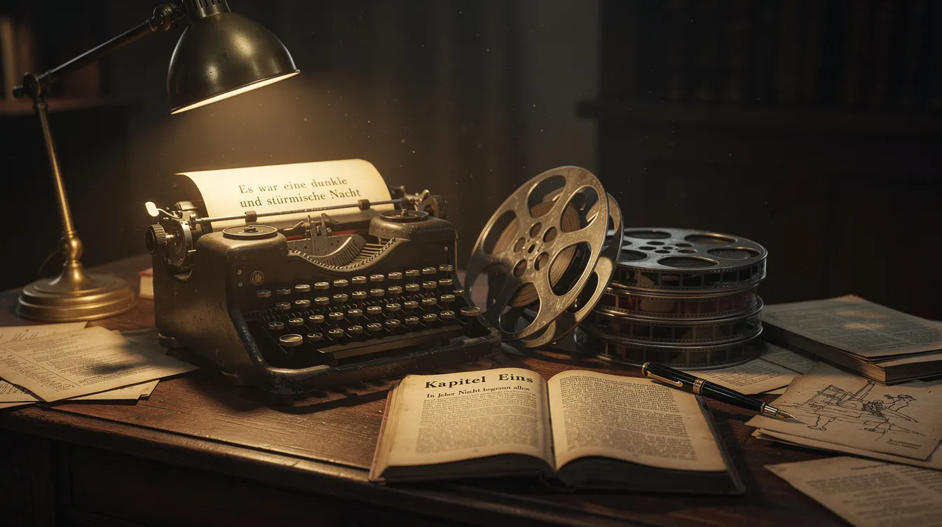 Ein alter Schreibtisch, beleuchtet von warmem Lampenlicht, trägt eine Schreibmaschine, Filmrollen und ein aufgeschlagenes Buch, das möglicherweise Einblicke in die Filmkultur bietet. Diese Szenerie könnte an die Tradition des Schreibens und die Bedeutung des Films im internationalen Kontext erinnern.