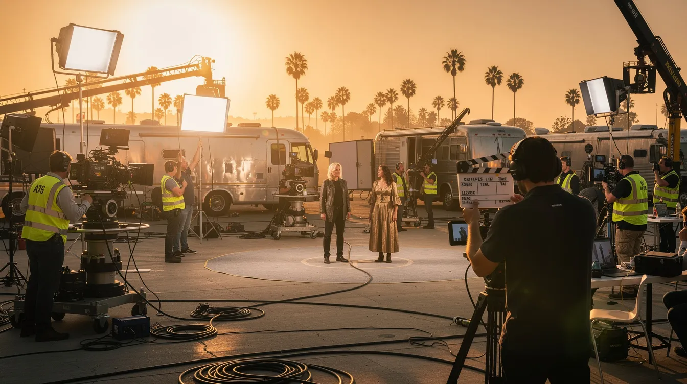 Das Bild zeigt ein lebhaftes Filmset in Hollywood, wo ein Team von Menschen an der Produktion eines Films arbeitet. Im Hintergrund sind Kameras, Lichter und verschiedene Fahrzeuge zu sehen, die für die Dreharbeiten vorbereitet werden, während die Sicherheitsstandards stets eingehalten werden.