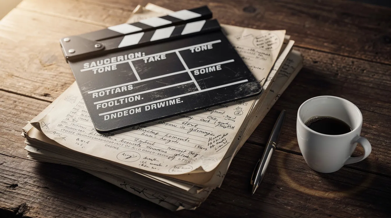 Auf einem Holztisch liegt eine Filmklappe auf einem Stapel beschriebener Drehbuchseiten, daneben ein Stift und eine Kaffeetasse. Diese Szene spiegelt die kreative Atmosphäre des Schreibens und der Filmdramaturgie wider, die für das Studium und die Inszenierung von Geschichten im Theater und Film entscheidend ist.