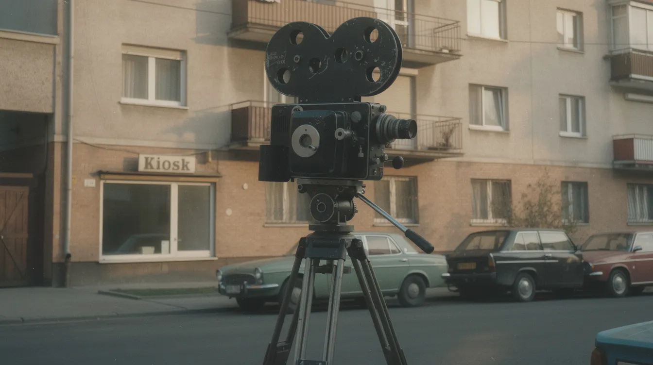 Die alte 16mm-Filmkamera auf einem Stativ steht vor einer städtischen Häuserkulisse, die den Charme der 1970er Jahre ausstrahlt. Diese Szene erinnert an die Filmgeschichte und das deutsche Kino, in dem solche Kameras oft für Spielfilme und Dokumentarfilme genutzt wurden.