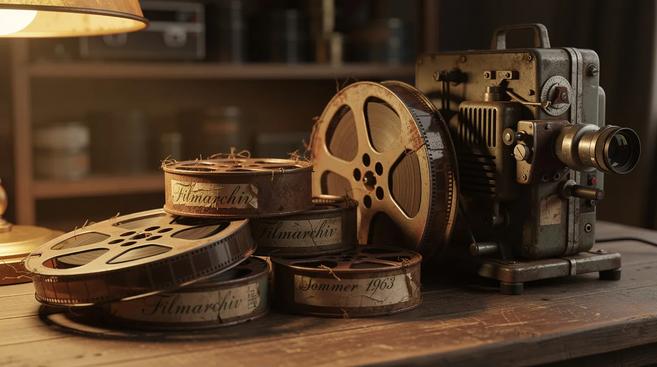 Auf einem Holztisch liegen Stapel alter Filmrollen, während ein Vintage-Filmprojektor in warmem Lampenlicht erstrahlt. Diese Szene erinnert an die goldene Ära der Filmgeschichte und lädt dazu ein, in die Welt der klassischen Komödien und spannenden Abenteuer einzutauchen.