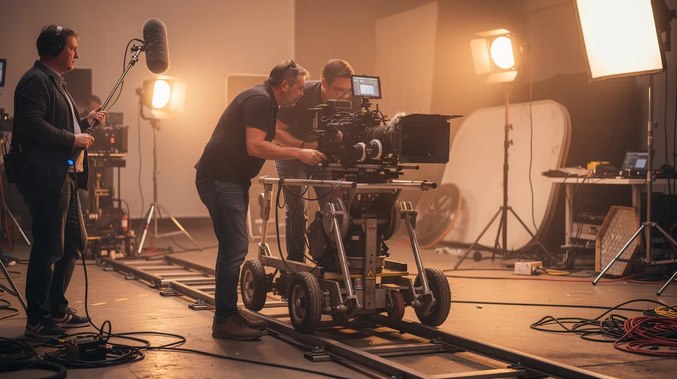 Das Bild zeigt ein Filmset mit einem Kamerateam bei der Arbeit, auf dem eine Kamera auf einem Dolly-System positioniert ist. Warmes Setlicht sorgt für eine gemütliche Atmosphäre, während die Personen im Hintergrund an der Gestaltung der Szene arbeiten.