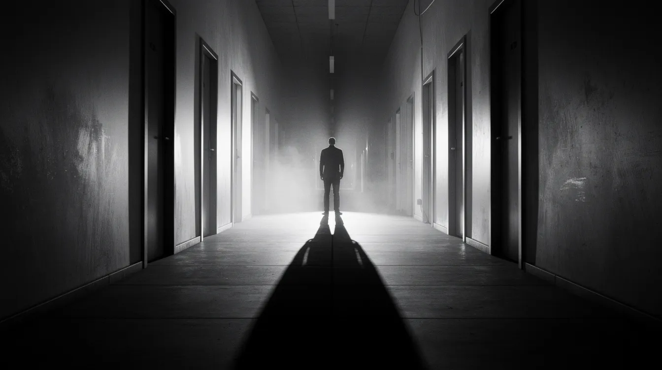 In einer dramatischen Schwarz-Weiß-Szene steht eine einzelne Gestalt in einem leeren Korridor und wirft einen langen Schatten, der Spannung und eine mysteriöse Atmosphäre erzeugt. Diese filmische Darstellung erinnert an die Werke von Alfred Hitchcock und weckt das Interesse des Publikums für die ungewisse Handlung, die sich entfalten könnte.