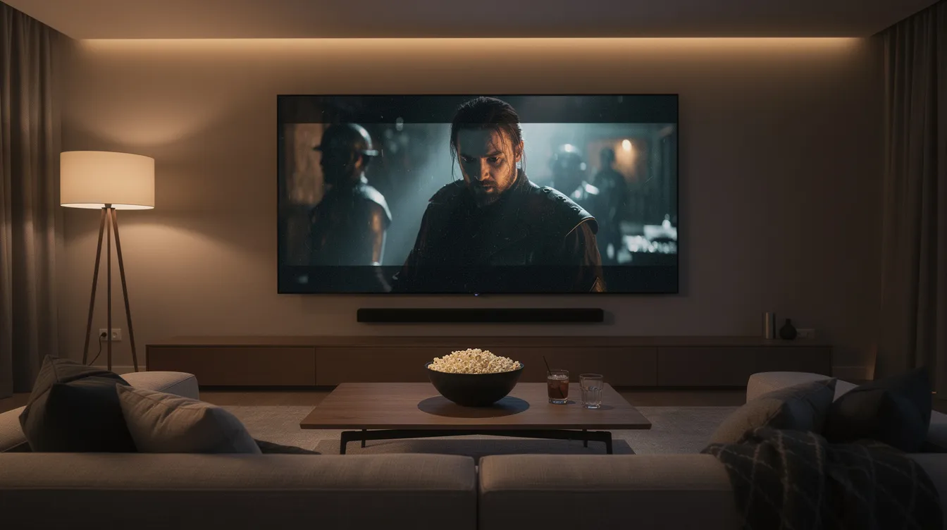 Das Bild zeigt ein modernes Wohnzimmer mit einem großen Flachbildschirm, auf dem eine cineastisch wirkende Szene zu sehen ist. Gedämpftes Licht sorgt für eine gemütliche Atmosphäre, während Popcorn auf dem Couchtisch bereitsteht, um das Filmerlebnis zu vervollständigen.