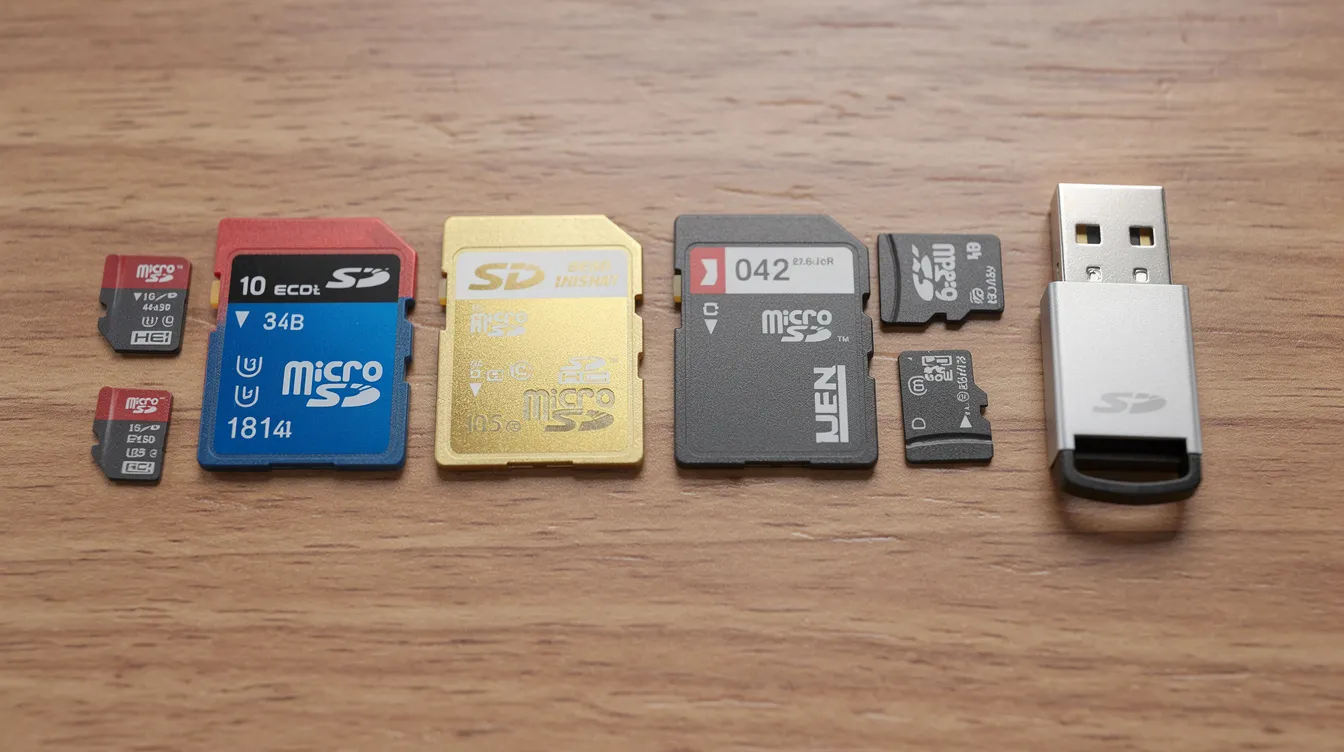 Auf einem Holztisch liegen mehrere SD-Karten und microSD-Karten verschiedener Größen und Marken nebeneinander, ergänzt durch einen kleinen SD-Kartenleser. Diese Speichermedien bieten unterschiedliche Speicherkapazitäten und Geschwindigkeitsklassen, ideal für Fotografen und Videografen, die ihre Daten sicher speichern möchten.