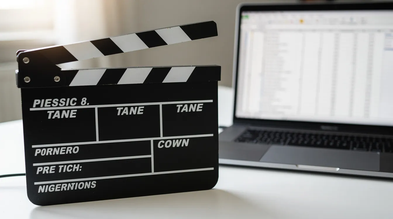 Die Nahaufnahme zeigt eine Filmklappe neben einem Laptop, auf dem eine geöffnete Tabellenkalkulation zu sehen ist. Diese Szene könnte in einem Büro stattfinden, wo ein Produktionsleiter die Planung und Organisation von Produktionsabläufen in der Filmindustrie überwacht.
