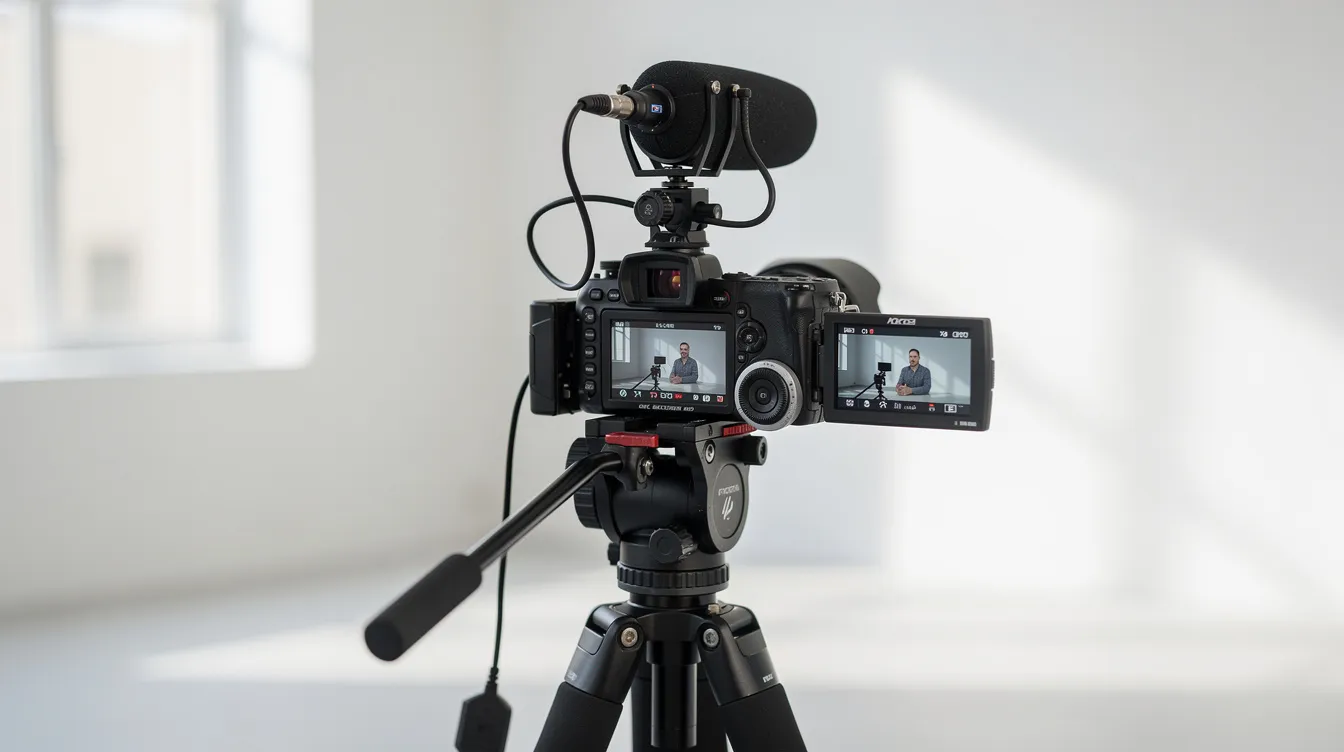 Eine Filmkamera steht auf einem stabilen Stativ in einem hellen Raum, ausgestattet mit einem Richtmikrofon und einem kleinen Monitor, ideal für Interviews. Die Szene zeigt die Kamera in Aktion, umgeben von Kamerazubehör, das für qualitativ hochwertige Aufnahmen sorgt.
