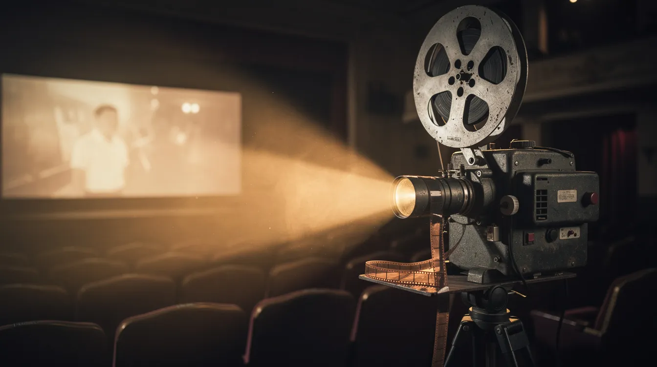 Ein alter Filmprojektor steht in einem abgedunkelten Kinosaal, während warmes Licht durch ihn auf die Leinwand strahlt. Diese Szene erinnert an die goldene Ära des deutschen Films und die filmhistorische Bedeutung des Kinos.