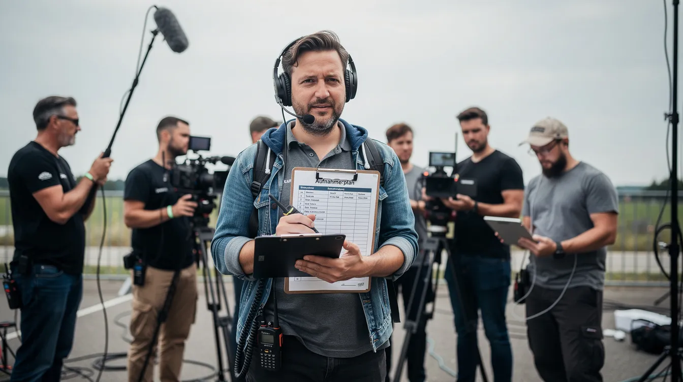 Das Bild zeigt ein Team von Aufnahmeleitern und -leiterinnen, die im Freien an einem Drehort arbeiten. Sie koordinieren die Dreharbeiten, besprechen den Drehplan und organisieren die benötigten Ressourcen für die Filmproduktion.