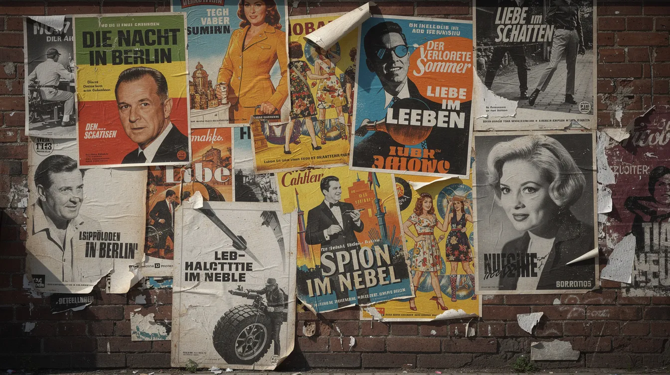 Die Collage zeigt eine bunte Ansammlung von Filmplakaten aus den 1960er Jahren, sowohl in Farbe als auch in Schwarz-Weiß, die an einer alten Backsteinwand übereinander geschichtet sind. Diese Plakate repräsentieren verschiedene Genres und Klassiker der Filmgeschichte, darunter Komödien und Dramen, und schaffen eine nostalgische Atmosphäre.