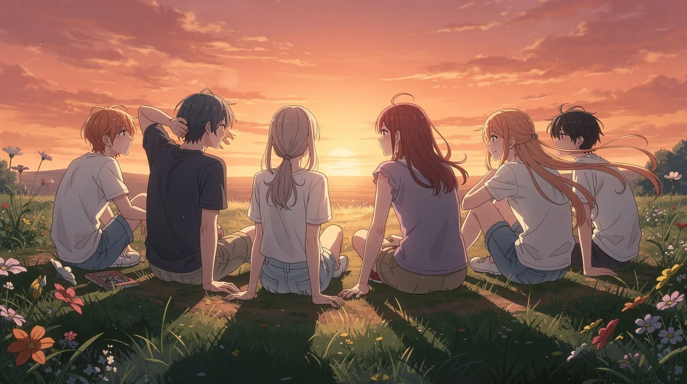 Eine gemütliche Anime-Szene zeigt eine Gruppe junger Freunde, die auf einer Wiese sitzen und gemeinsam in den Sonnenuntergang blicken, während die warmen Farben des Himmels die entspannte Atmosphäre unterstreichen. Die Charaktere wirken fröhlich und verbunden, was die Freude an Freundschaft und gemeinsamen Erlebnissen im Anime-Stil betont.