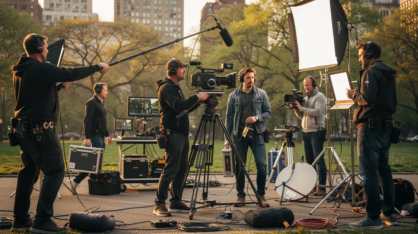 Eine Filmcrew arbeitet konzentriert an einem Außendrehort, umgeben von Kamera-Equipment und Lichttechnik. Der Produktionsleiter koordiniert die verschiedenen Aufgaben, um die Produktionsziele effizient zu erreichen und die Qualität der Aufnahmen zu sichern.
