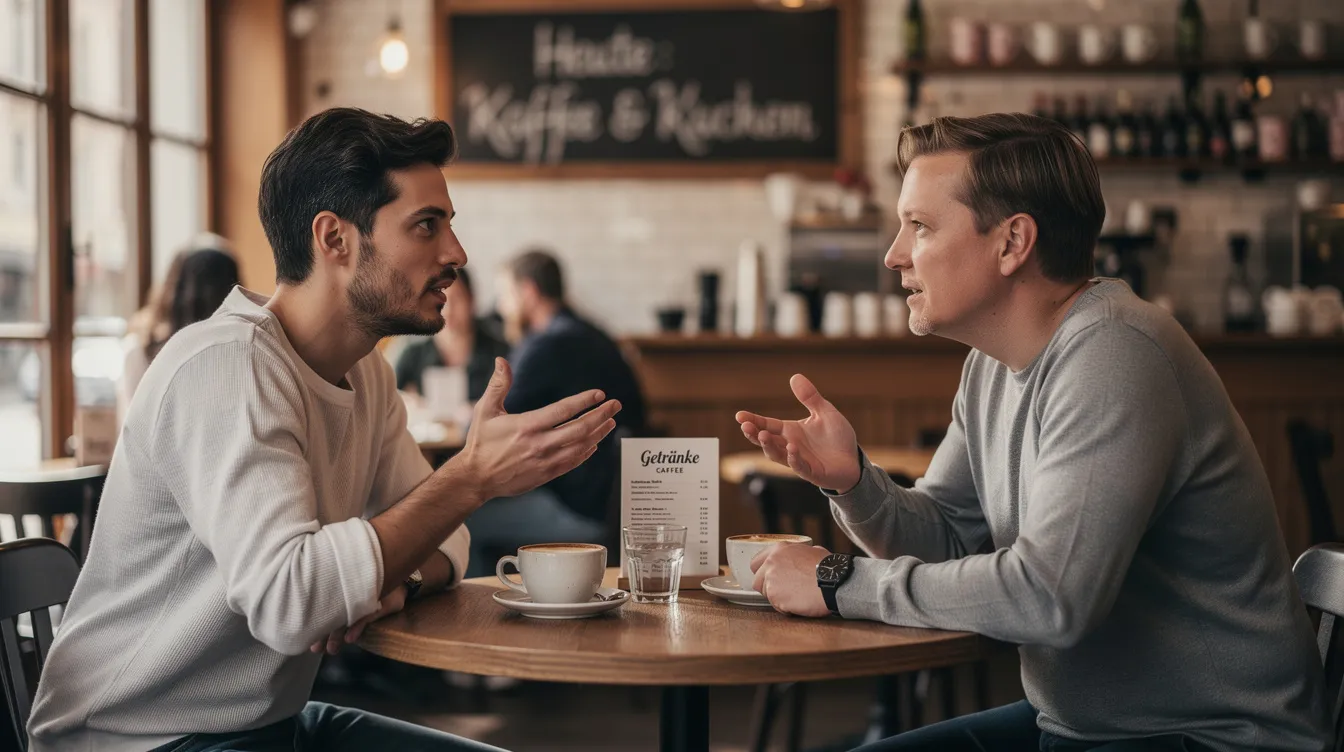 Das Bild zeigt zwei Personen im Gespräch, von der Hüfte aufwärts sichtbar, in einem Café-Setting. Der Hintergrund ist unscharf, was den Fokus auf die Mimik und Gestik der Figuren legt und eine intime Atmosphäre schafft.