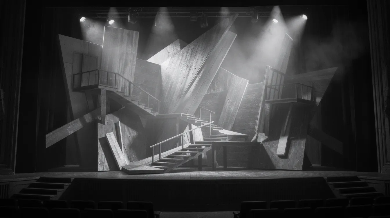 Die abstrakte Bühnenkulisse im expressionistischen Stil zeigt dramatische Licht- und Schattenspiele in Schwarz-Weiß, die an die Ästhetik deutscher Filme erinnern. Diese visuelle Komposition vermittelt ein starkes Gefühl von Rebellion und Kunst, das die Zuschauer in die Welt des Theaters und der Filmgeschichte eintauchen lässt.