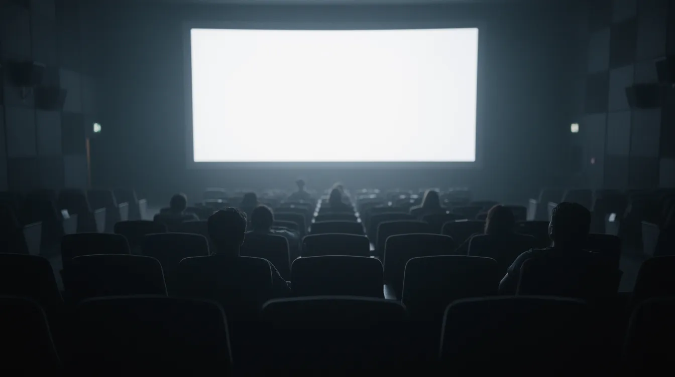 In einem dunklen Kinosaal sind die Silhouetten von Zuschauern zu sehen, die gebannt auf die hell erleuchtete Leinwand starren. Die Atmosphäre ist von Spannung und Neugier geprägt, während das Publikum die Handlung eines fesselnden Thrillers verfolgt, der Elemente von Romantik und Gefahr vereint.