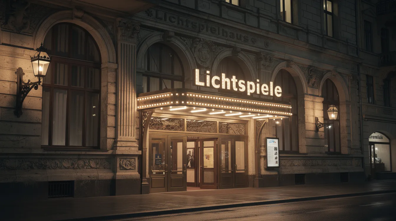 Die historische Fassade eines frühen Lichtspielhauses aus dem frühen 20. Jahrhundert zeigt eine beeindruckende ornamentale Architektur mit einem einladend beleuchteten Eingangsbereich. Dieses Kino, das an vergangene Zeiten erinnert, könnte ein Ort für top Filme und spannende Abenteuer sein.
