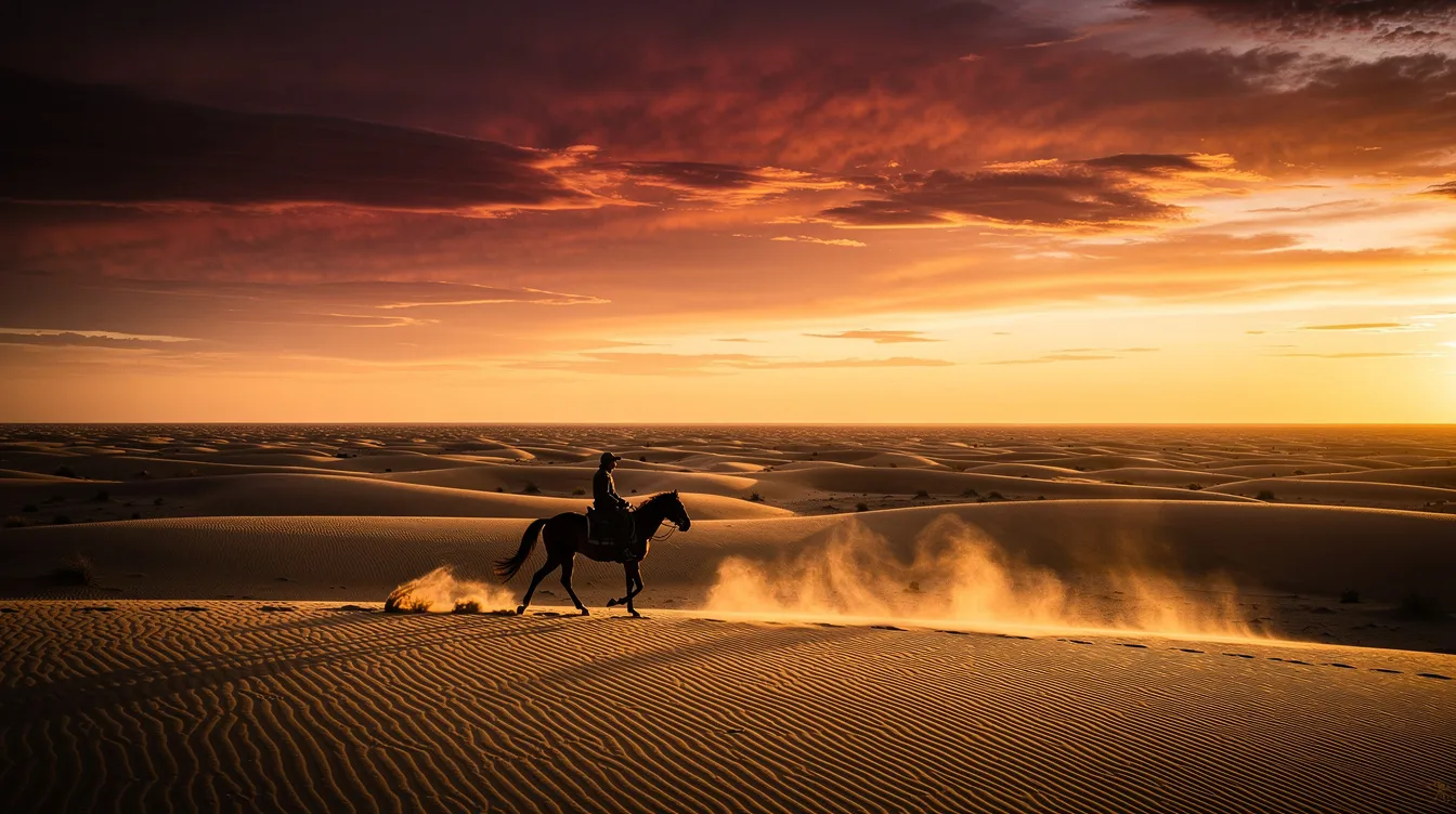 Eine weite Wüstenlandschaft zeigt einen einsamen Reiter auf einem Pferd, der vor einem dramatischen Sonnenuntergang reitet, während Staubwolken im Hintergrund aufsteigen. Diese Szene erinnert an klassische Westernfilme und vermittelt ein Gefühl von Abenteuer und Freiheit in der Natur.