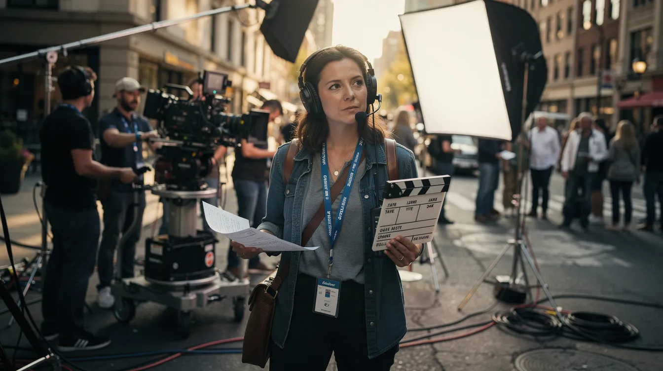 Eine weibliche Aufnahmeleiterin steht am Set eines Spielfilmdrehs und koordiniert die Dreharbeiten. Sie überwacht den Ablauf der Produktion, organisiert die Aufgaben des Filmteams und sorgt dafür, dass alle notwendigen Drehgenehmigungen vorliegen.