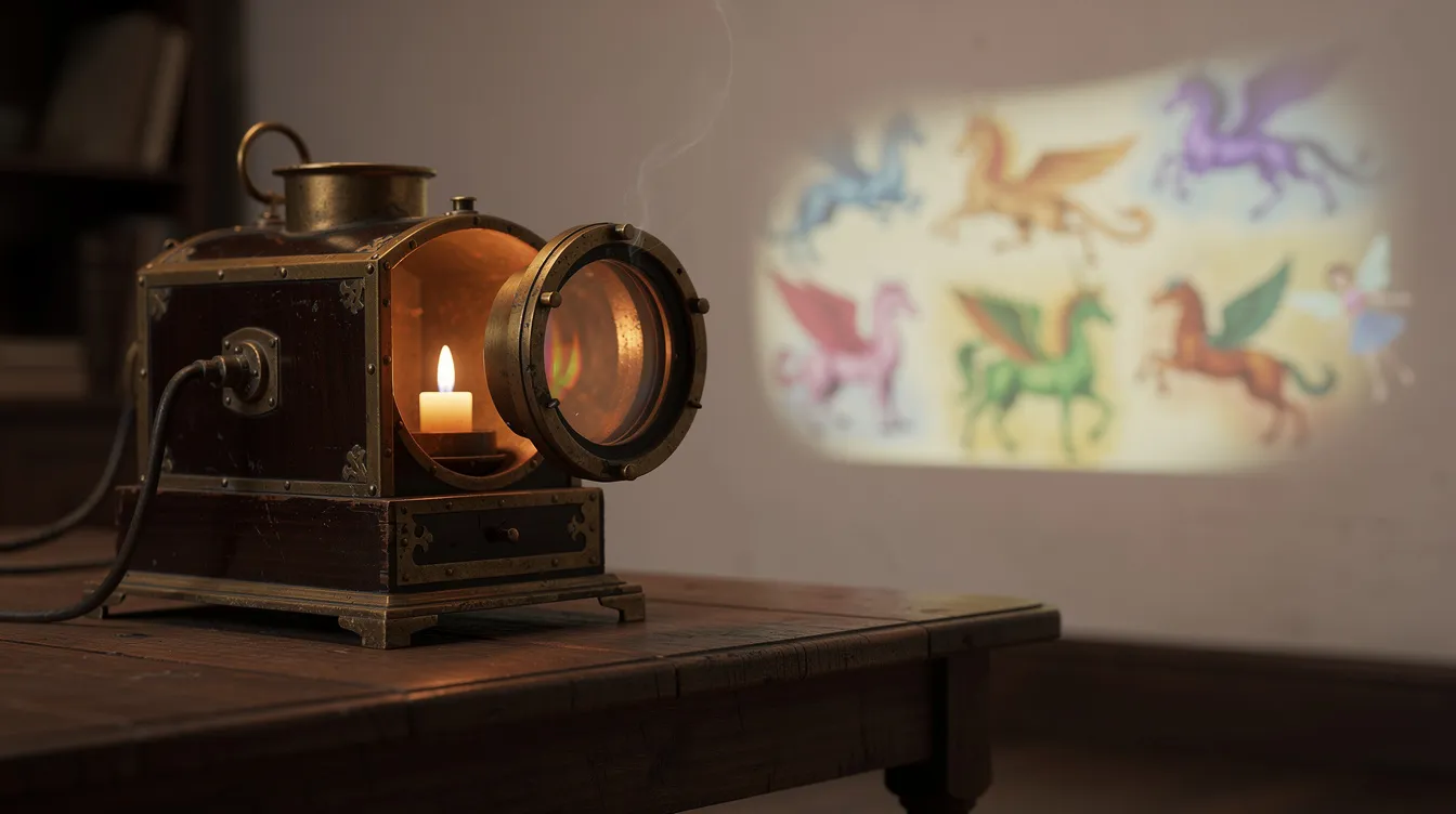 Die antike Laterna Magica aus Messing und Holz projiziert bunte Bilder von Fabelwesen auf eine helle Wand, während eine Kerze als Lichtquelle dient. Dieses faszinierende Gerät ist ein Beispiel für die Entwicklung der Filmtechnik und das Staunen des Publikums in der frühen Filmgeschichte.