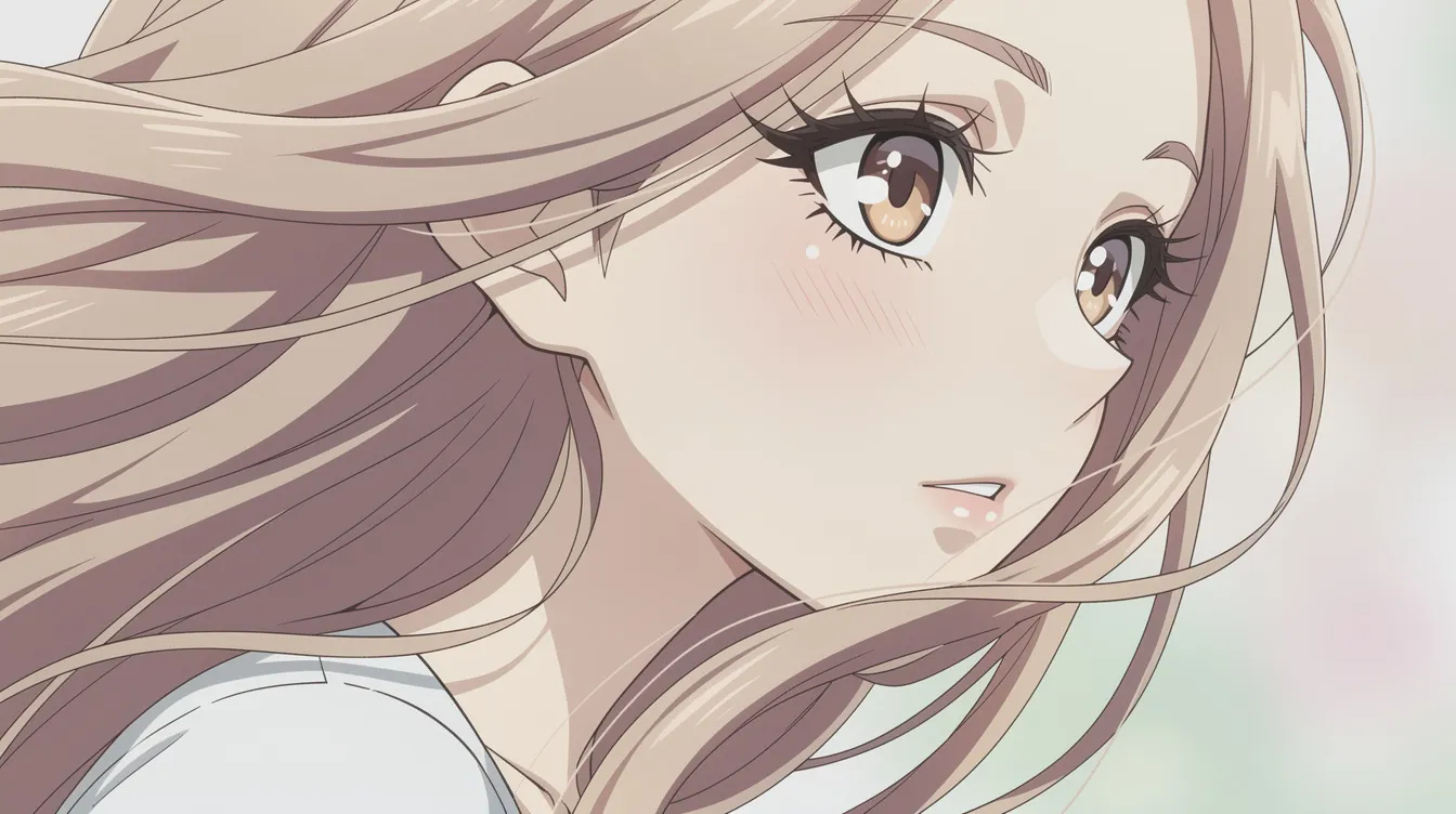Eine detaillierte Zeichnung eines Anime-Gesichts im Halbprofil zeigt große, ausdrucksvolle Augen und feine Schattierungen, während die wehenden Haare dem Bild eine dynamische Note verleihen. Diese Darstellung erinnert an Charaktere aus beliebten Anime-Serien wie "Death Note" oder "Attack on Titan".