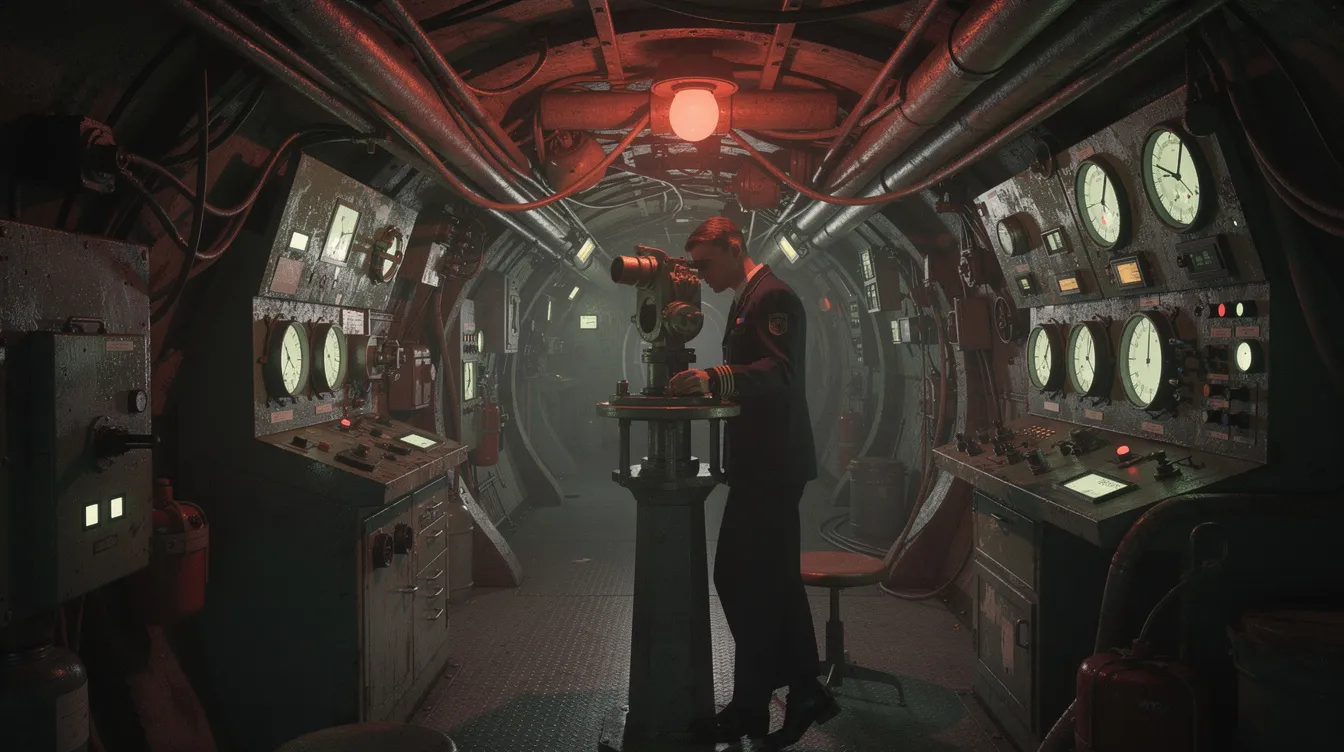 Das Bild zeigt das Innere eines engen U-Boot-Raums mit schwach leuchtenden Instrumenten und Rohren an der Decke. Ein Mann steht am Periskop und blickt durch das Sichtrohr, während die düstere Atmosphäre des U-Bootes eine spannende Stimmung erzeugt.