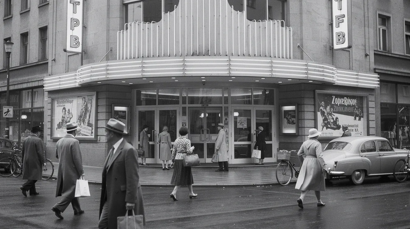 Das Schwarz-Weiß-Foto zeigt die Fassade eines Kinos aus den 1950er Jahren in einer deutschen Großstadt, umgeben von Passanten, die die filmkulturelle Atmosphäre der Zeit widerspiegeln. Die Szenerie vermittelt einen nostalgischen Eindruck und erinnert an die Ära des internationalen Films und die Tradition des Kinos als wichtiger Teil der deutschen Filmgeschichte.