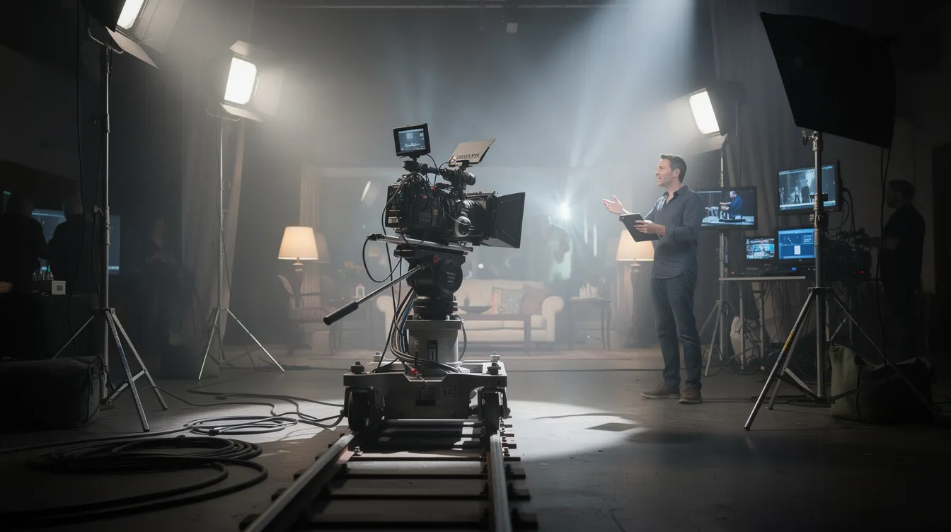 Die dramatisch beleuchtete Filmset-Szene zeigt eine Kamera auf Dolly-Schienen, umgeben von Scheinwerfern, während ein Regisseur eine atmosphärische Szene für eine hochwertige TV-Produktion inszeniert. Diese Darstellung spiegelt die Ästhetik und das Engagement für Qualitätsfernsehen wider, das in modernen Fernsehserien zu finden ist.