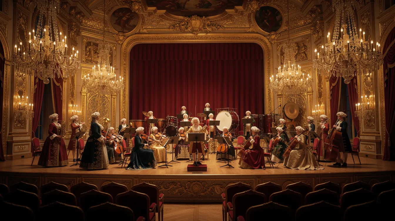 Ein klassisches Orchester, gekleidet in historische Kostüme, spielt in einem prunkvollen Konzertsaal mit vergoldeten Verzierungen. Die Musiker, darunter auch einige, die an die Zeit von Mozart und Salieri erinnern, verleihen dem Raum eine majestätische Atmosphäre, die die Schönheit der Musik unterstreicht.