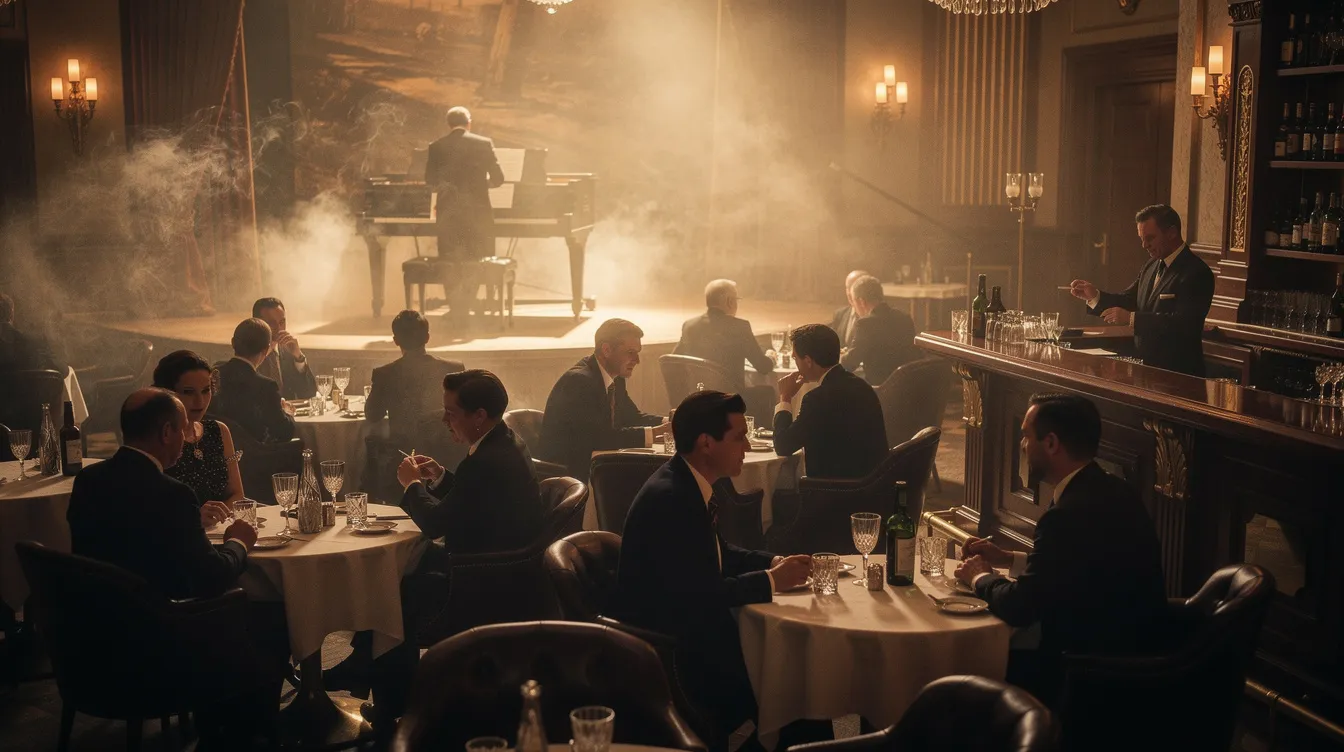 Das Bild zeigt das rauchige Interieur einer eleganten Bar im Stil der 1940er Jahre, in der viele Menschen an Tischen sitzen und sich unterhalten. Im Hintergrund spielt ein Pianist, was zur Atmosphäre dieser klassischen Filmszene beiträgt und an die Filmgeschichte erinnert.
