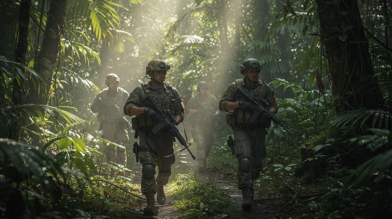 In einem dichten, tropischen Dschungel bewegen sich Soldaten vorsichtig durch die feuchte und angespannte Atmosphäre, während Sonnenstrahlen durch das Blätterdach fallen. Die Szene erinnert an die intensiven Momente des Vietnamkriegs, die auch in Filmen wie "Forrest Gump" eindrucksvoll dargestellt werden.