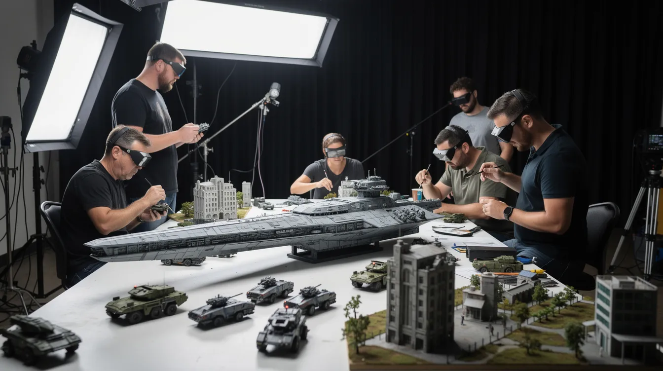 Das Bild zeigt ein Filmset mit detaillierten Modellbau-Miniaturen eines Raumschiffs, während Techniker an kleinen Fahrzeugen und Gebäudemodellen arbeiten. Die Studiobeleuchtung sorgt für eine spannende Atmosphäre, die an die ikonischen Szenen aus dem "Alien"-Franchise erinnert.