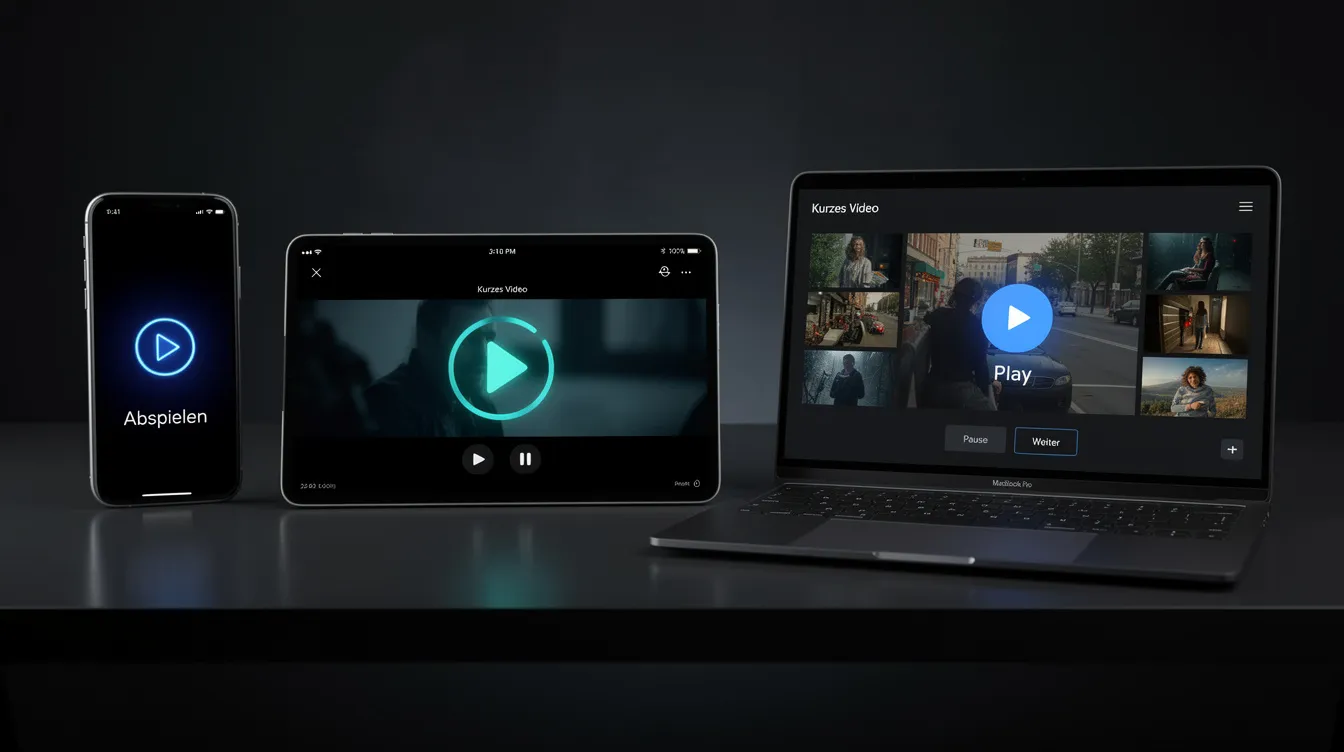 Das Bild zeigt mehrere verschiedene Bildschirme nebeneinander: ein Smartphone, ein Tablet und einen Laptop, die jeweils unterschiedliche kurze Videoinhalte mit leuchtenden Play-Buttons auf einem dunklen Hintergrund anzeigen. Diese Geräte sind Teil einer modernen Webisode-Serie, die aktuelle Trends im Internet präsentiert.