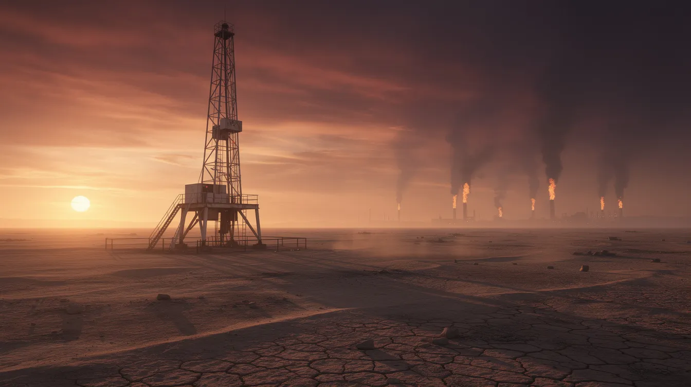 Ein einsamer Bohrturm steht in einer kargen Wüstenlandschaft bei Sonnenuntergang, während Rauch und Flammen am Horizont aufsteigen. Diese dramatische Szene erinnert an die Themen von Paul Thomas Andersons Film "There Will Be Blood", in dem es um Öl, Gier und den Aufstieg eines Tycoons geht.
