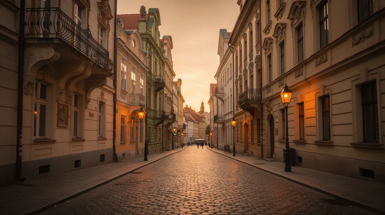Die historische Altstadt zeigt barocke Fassaden und ornamentreiche Gebäude, die im warmen Abendlicht erstrahlen. Diese Szenerie erinnert an den Stil des Films „The Grand Budapest Hotel“ von Wes Anderson, mit ihrem charmanten Kopfsteinpflaster und der nostalgischen Atmosphäre.