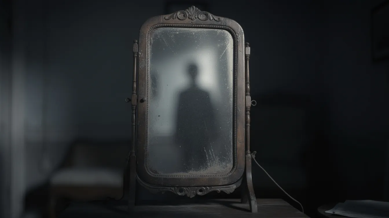 In einem halbdunklen Raum steht ein Spiegel, in dem sich eine verschwommene, kaum erkennbare Silhouette spiegelt, die ein Gefühl von Angst und Bedrohung vermittelt. Diese düstere Atmosphäre erinnert an typische Elemente aus Horrorfilmen, die das Publikum in ihren Bann ziehen und für Spannung sorgen.
