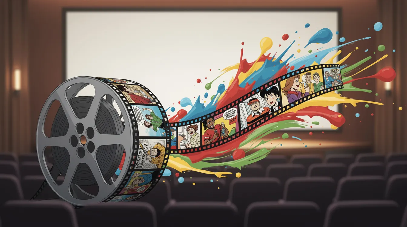Eine stilisierte Filmrolle, aus der lebendige Comicfiguren und bunte Farbspritzer herausströmen, vor dem Hintergrund eines Kinosaals. Diese Animation vermittelt ein Gefühl von Bewegung und Kreativität, das die Vielfalt und Emotionen von Zeichentrickfilmen unterstreicht.