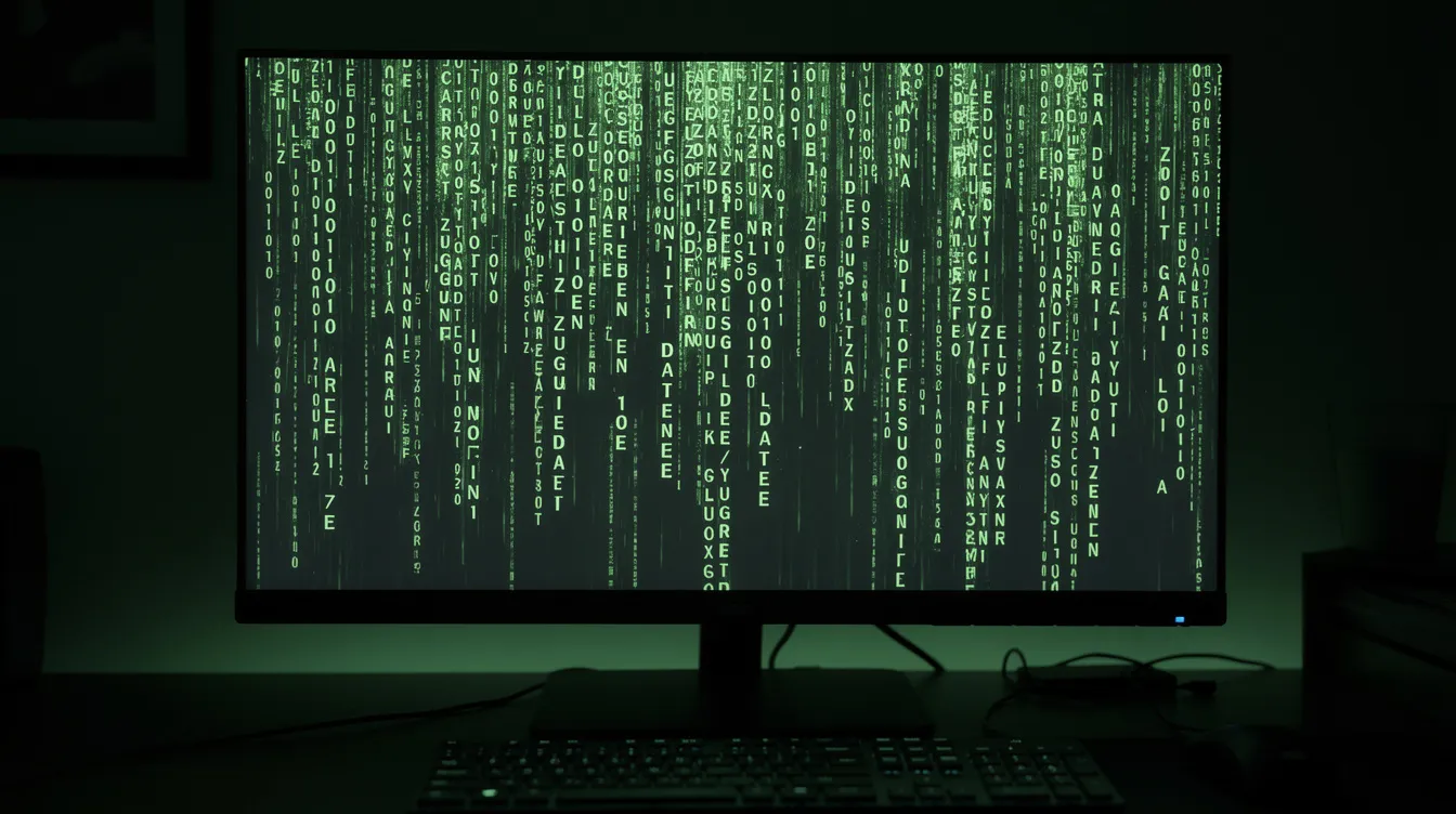 Ein dunkler Computerbildschirm zeigt grüne Zeichen, die in vertikalen Kolonnen herabfließen, ähnlich der Ästhetik aus der "Matrix". Der Raum ist abgedunkelt, was die geheimnisvolle Atmosphäre verstärkt und an die Welt von Neo und Morpheus erinnert.