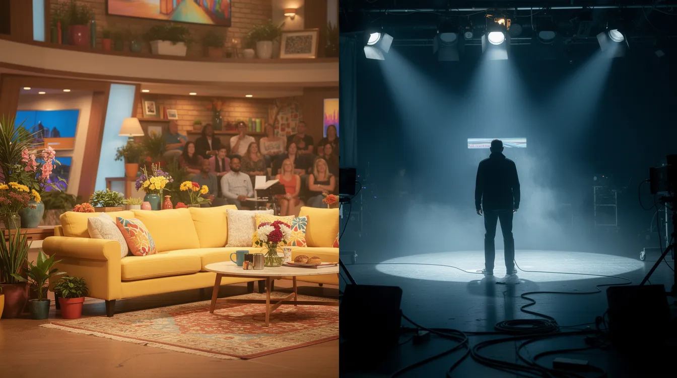 Das Bild zeigt eine geteilte Darstellung: Auf der linken Seite befindet sich ein buntes, helles TV-Studio mit einer fröhlichen Sitcom-Atmosphäre, während die rechte Seite ein düsteres, filmisches Set mit dramatischer Beleuchtung zeigt. Diese Kontrastierung spiegelt die Vielfalt und Ästhetik von Qualitätsfernsehen und TV-Serien wider.
