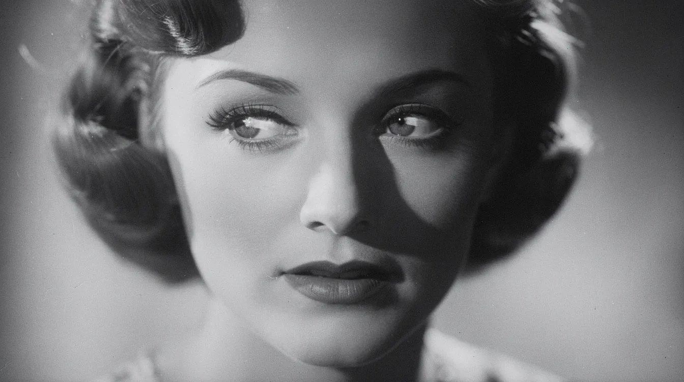 Die Nahaufnahme zeigt eine Frau aus einem Schwarzweißfilm der 1940er Jahre, deren Gesicht von weichem Licht beleuchtet wird, was eine nostalgische Atmosphäre schafft. Ihre Augen reflektieren das Licht und verleihen dem Bild einen intensiven Ausdruck, der an die Filmgeschichte und die Kunst des Kinos erinnert.