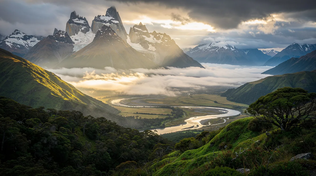 Die epische Berglandschaft zeigt üppiges Grün und nebelverhangene Täler, die in dramatischem Licht erstrahlen, und erinnert an die fantastischen Szenerien in den besten Filmen der 2000er. Diese beeindruckende Kulisse könnte als Teil eines Films von Regisseuren wie Hayao Miyazaki oder Martin Scorsese dienen.