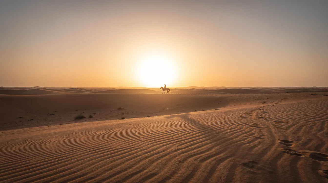 Eine endlose Wüstenlandschaft erstreckt sich bis zum Horizont, wo eine einzelne Reiterfigur in der tiefstehenden Sonne silhouettiert wird. Lange Schatten fallen über die Sanddünen und erinnern an die epischen Szenen aus "Lawrence von Arabien".